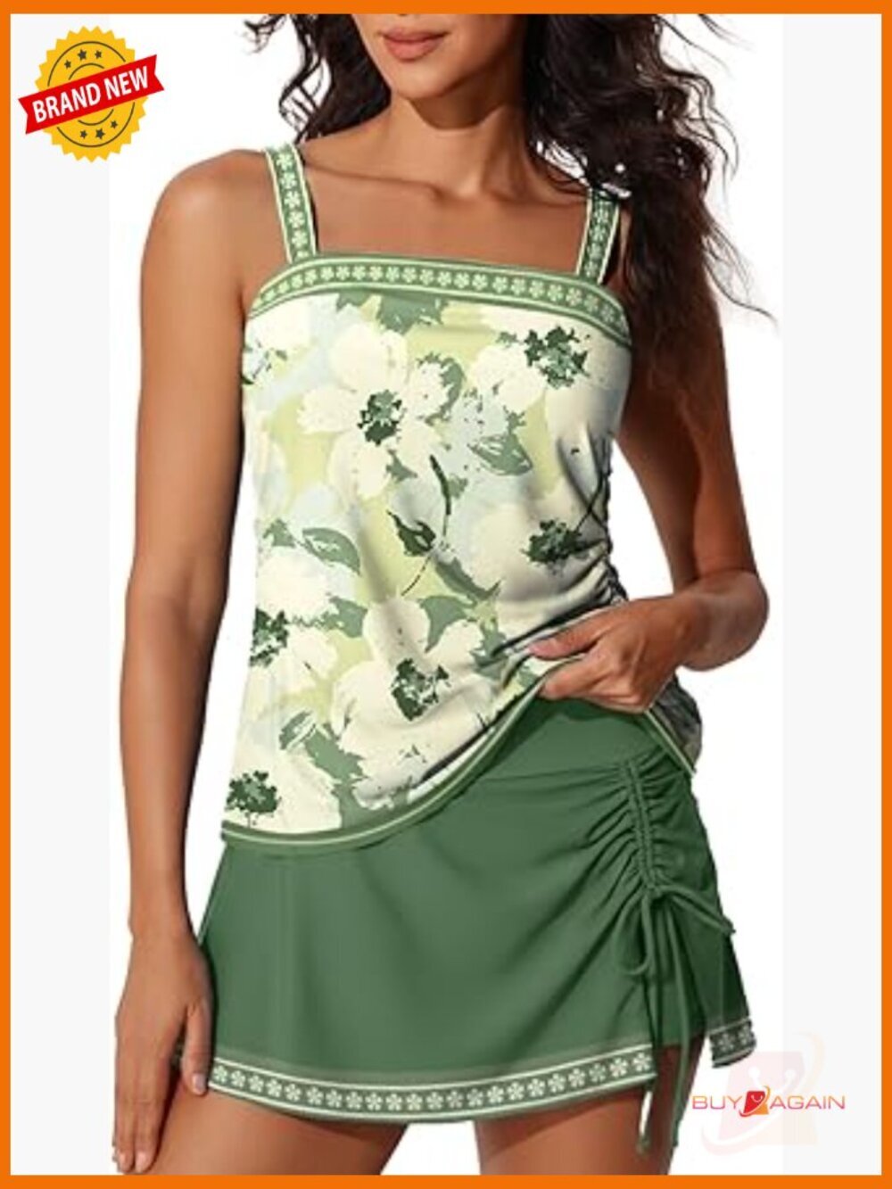 Tummy Control Tankini Set with Skirt - Square Neck, Adjustable Straps, Pockets